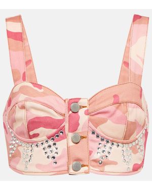 Alessandra Rich Camouflage Embellished Cotton Bralette - Pink