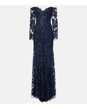 Monique Lhuillier Floral Embroidered Tulle Gown - Blue