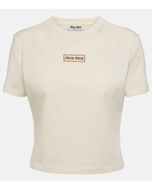 Miu Miu T-shirt raccourci en coton a logo - Blanc
