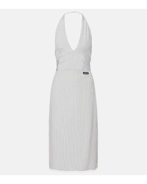 Miu Miu Vestido Midi De Crepe De China De Seda A Rayas - Blanco