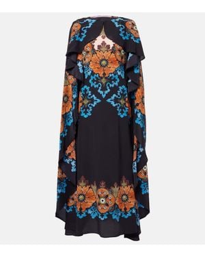 La DoubleJ Magic Caped Floral Silk Midi Dress - Blue