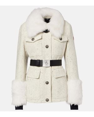 Moncler Devez Belted Shearling-Trimmed Virgin Wool Down Ski Jacket - White