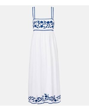 Juliet Dunn Besticktes Midikleid Aus Baumwolle Und Leinen - Weiß