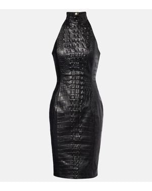 Balmain Croc-Effect Halterneck Leather Minidress - Black