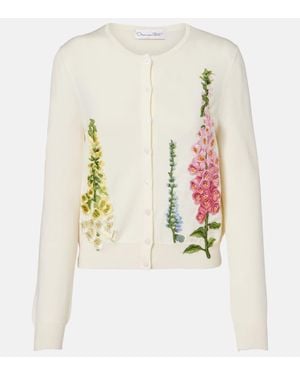 Oscar de la Renta Cardigan Foxgloves Brode En Laine Vierge - Neutre