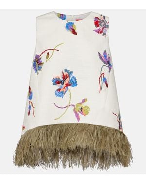 La DoubleJ La Scala Feather-Trimmed Cotton Top - White