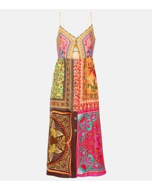 FARM Rio Mixed Scarves Printed Satin Midi Dress - Red