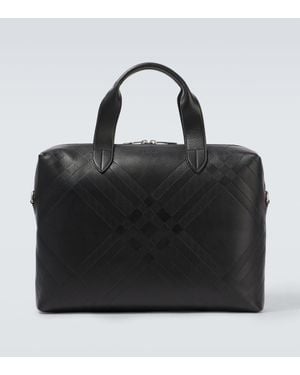 Burberry Check Debossed Leather Briefcase - Black