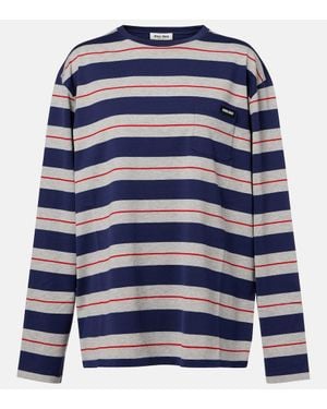 Miu Miu Logo Striped Cotton Jersey Top - Blue
