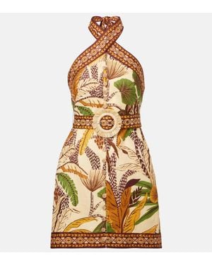 FARM Rio Foliage Sketch Linen Minidress - Metallic