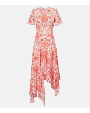 McQueen Vestido Midi De Crepe De Seda Estampado - Rojo