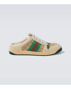 Gucci Screener Gg Canvas Leather-Trimmed Mules - Green