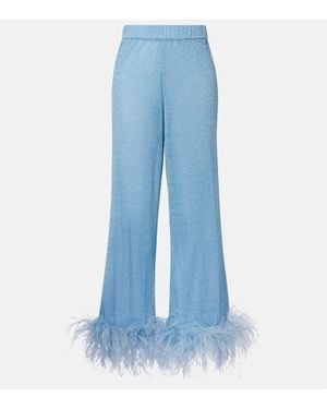 Oséree Lumiere Feather-Trimmed Wide-Leg Trousers - Blue