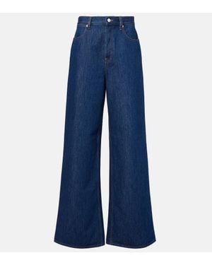 Gucci Leather-Trimmed Wide-Leg Jeans - Blue