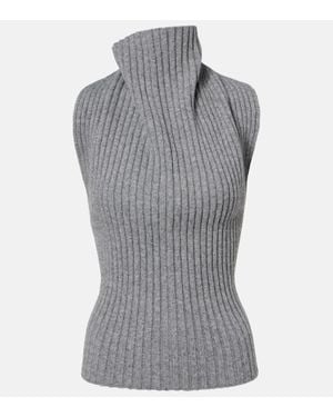 Victoria Beckham Draped Ribbed-Knit Wool-Blend Top - Gray