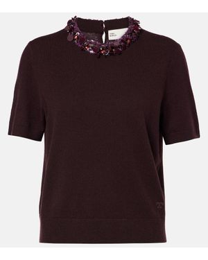 Tory Burch Kurzärmeliger Pullover Aus Einer Woll-Kaschmirmischung Mit Verzierung - Rot