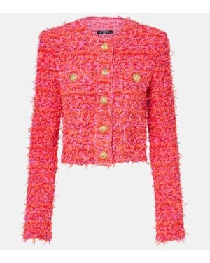 Balmain Cropped-Jacke Aus Tweed Mit Pailletten - Rot