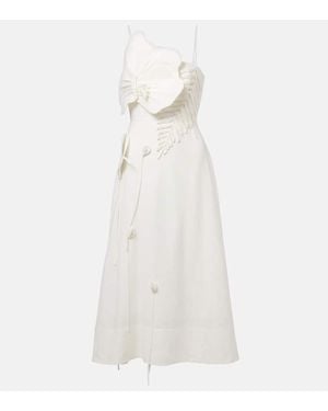 FARM Rio Floral-Applique Linen-Blend Midi Dress - White