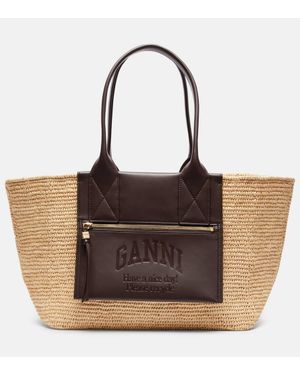 Ganni Faux Leather-Trimmed Raffia Tote Bag - Brown