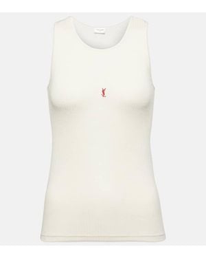 Saint Laurent Logo-Embroidered Ribbed Wool Tank - White