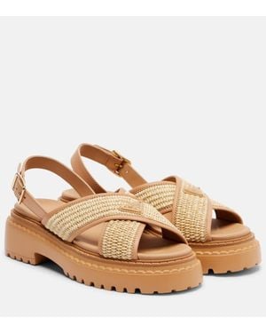 Prada Logo Crochet And Leather Platform Sandals - Brown