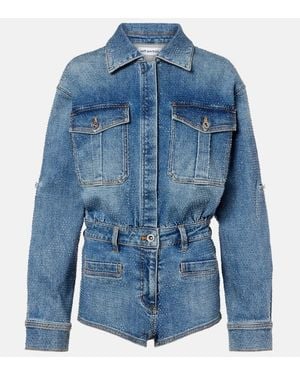 Self-Portrait Embellished Denim Romper - Blue