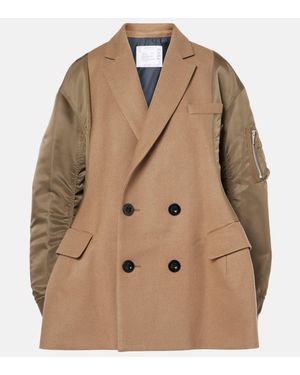 Sacai Double-breasted Wool And Technical Coat - Natural