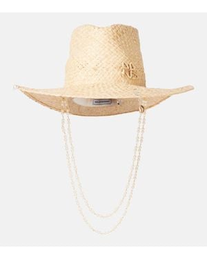 Ruslan Baginskiy Logo Faux Pearl-Embellished Straw Fedora - White