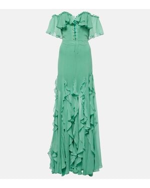 Costarellos Off-Shoulder Corset Silk Gown - Green