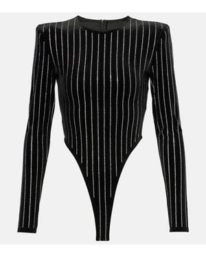 Alex Perry Crystal-Embellished Pinstripe Velvet Bodysuit - Black