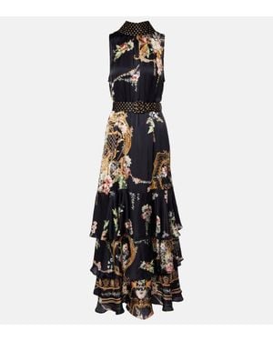 CAMILLA Belted Floral Tiered Silk Maxi Dress - Black