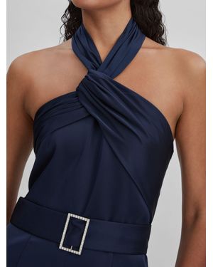 Halston Satin Halter Neck Jumpsuit, Camel & Ecru - Blue