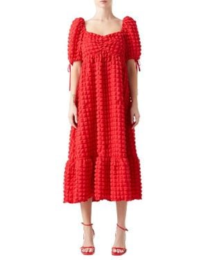 Endless Rose Texture Puff Sleeve Maxi Dress - Red