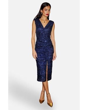 Yumi' Sequin Split Hem Fitted Wrap Dress - Blue