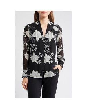 Anne Klein Floral Print Pleated Shirt - Black
