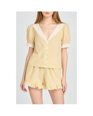 Wayf Emma Eyelet Trim Plaid Button-Up Top - Yellow