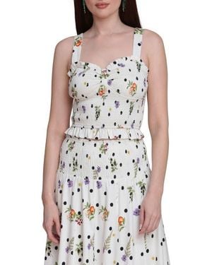 Avec Les Filles Flower & Polka Dot Smocked Tank - White
