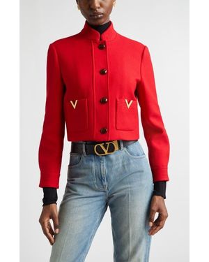 Valentino V-Detail Wool & Silk Double Drill Jacket - Red