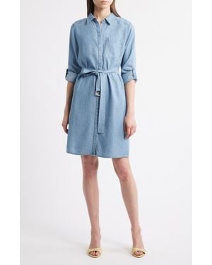 Kobi Halperin Tie Waist Button Front Long Sleeve Chambray Dress - Blue