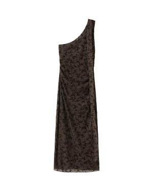 Mango One-Shoulder Tie Neck Devoré Dress - Black