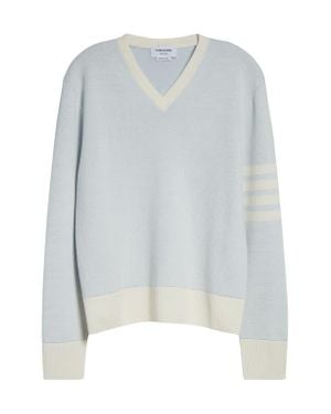 Thom Browne Relaxed Fit 4-Bar Textured Stripe V-Neck Linen & Cotton Sweater - Gray