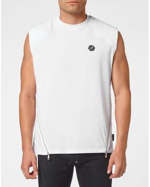Philipp Plein Sleeveless T-Shirt Round Neck Hexagon - White