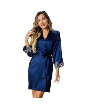 SILKSILKY Pure Silk 3/4 Sleeves Belted Short Robe With Lace Design - Blue