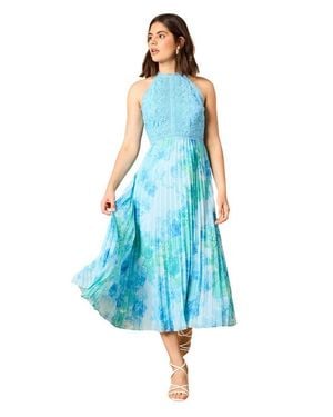 Oasis Printed Lace Mix Halterneck Midi Dress - Blue