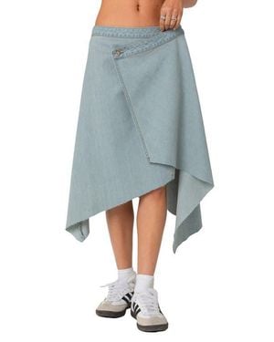 Edikted Asymmetric Wrap Denim Midi Skirt - Blue