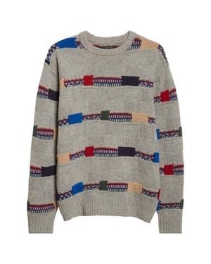 Beams Plus Fair Isle Stripe Jacquard Wool Blend Sweater - Gray