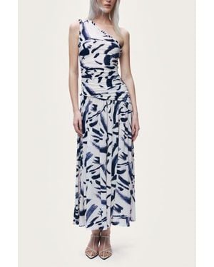 Nocturne Printed One-Shoulder Draped Midi Dress - White