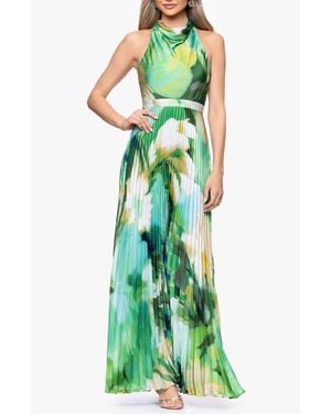 Betsy & Adam Floral Print Pleated Halter Dress - Green