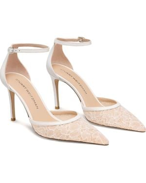 Stuart Weitzman Powerstrap Leather & Lace Pointed Toe Pump - Natural