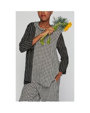 Luukaa Illustra Checkered And Striped Blended, Gauze Linen Blouse - Black
